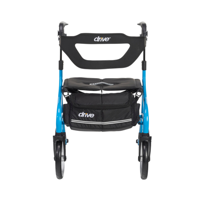 A Drive Nitro® Sprint Rollator with Accessory Bundle, blue and lightweight, features four wheels, a black seat, storage pouch, and Drive Nitro branding on the backrest and pouch, shown front-facing against a white background.