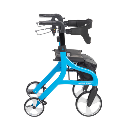 The Drive Nitro® Sprint Rollator with Accessory Bundle is shown in side profile, featuring a blue frame, four wheels, built-in seat, black storage pouch, and ergonomic handles against a white background.