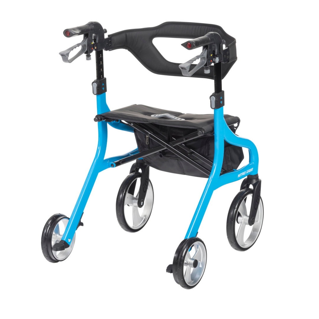 The Drive Nitro® Sprint Rollator with Accessory Bundle features four wheels, hand brakes, a padded seat, black storage bag, foldable frame, and ergonomic handles for comfort and convenience.