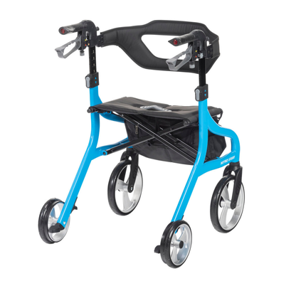 The Drive Nitro® Sprint Rollator with Accessory Bundle features four wheels, hand brakes, a padded seat, black storage bag, foldable frame, and ergonomic handles for comfort and convenience.