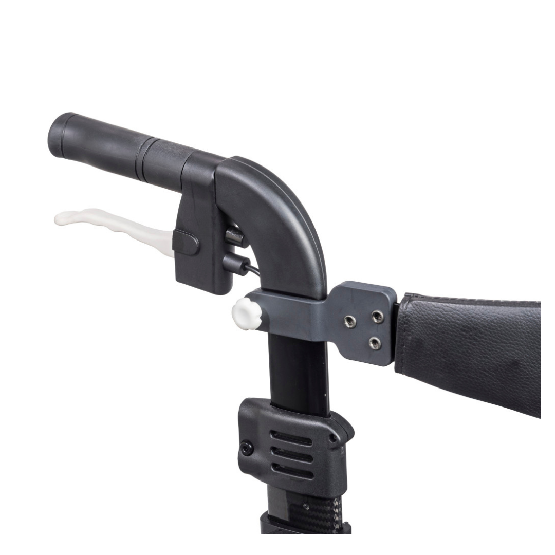 Close-up of a black handlebar with brake lever, metal joint, and padded armrest on the Drive Nitro® Elite CF Carbon Fiber Rollator, shown against a white background.