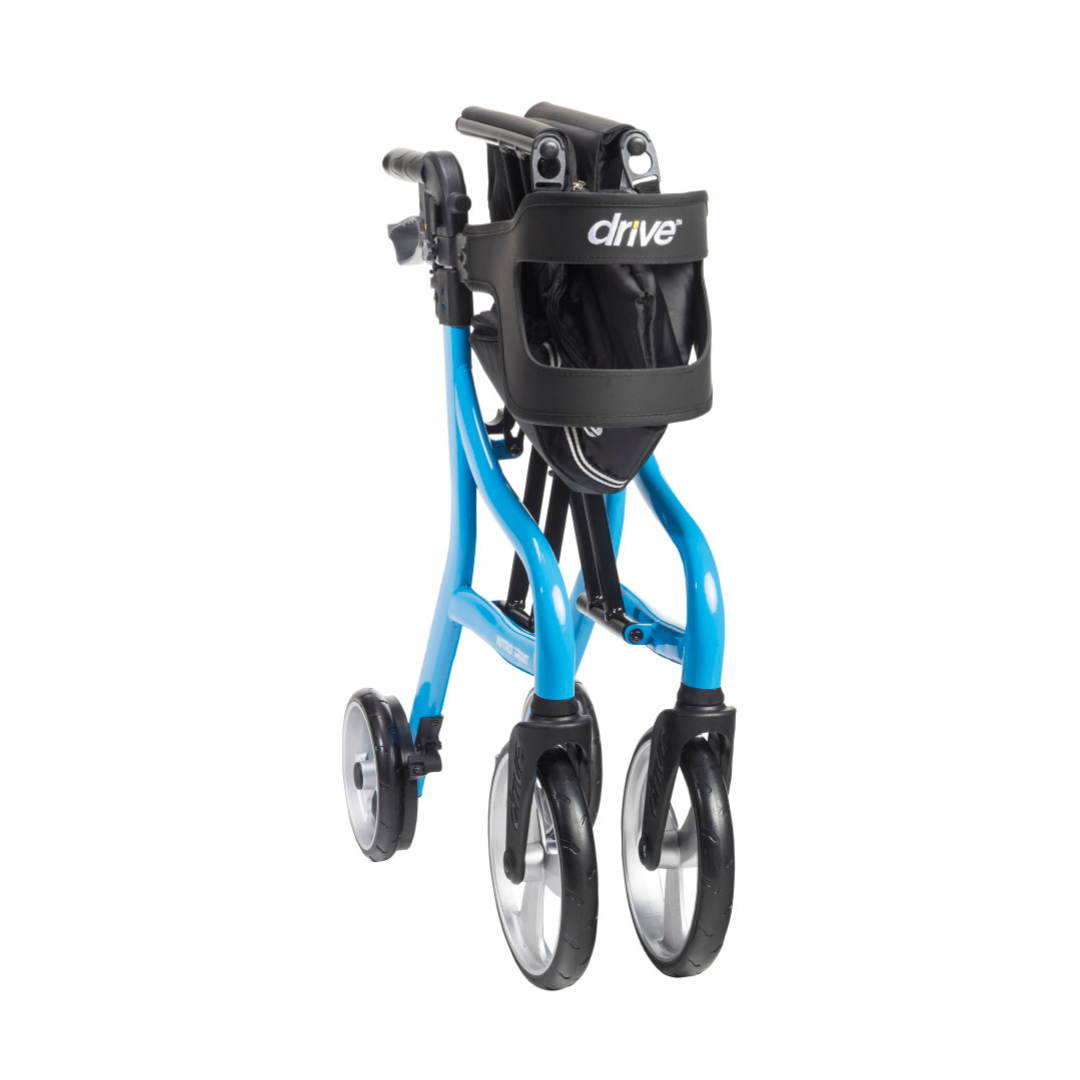 The Drive Nitro® Sprint Rollator with Accessory Bundle, shown fully folded for portability, features a lightweight blue frame, large front wheels, smaller rear wheels, a black seat, and a storage pouch—perfect for easy transport and daily convenience.
