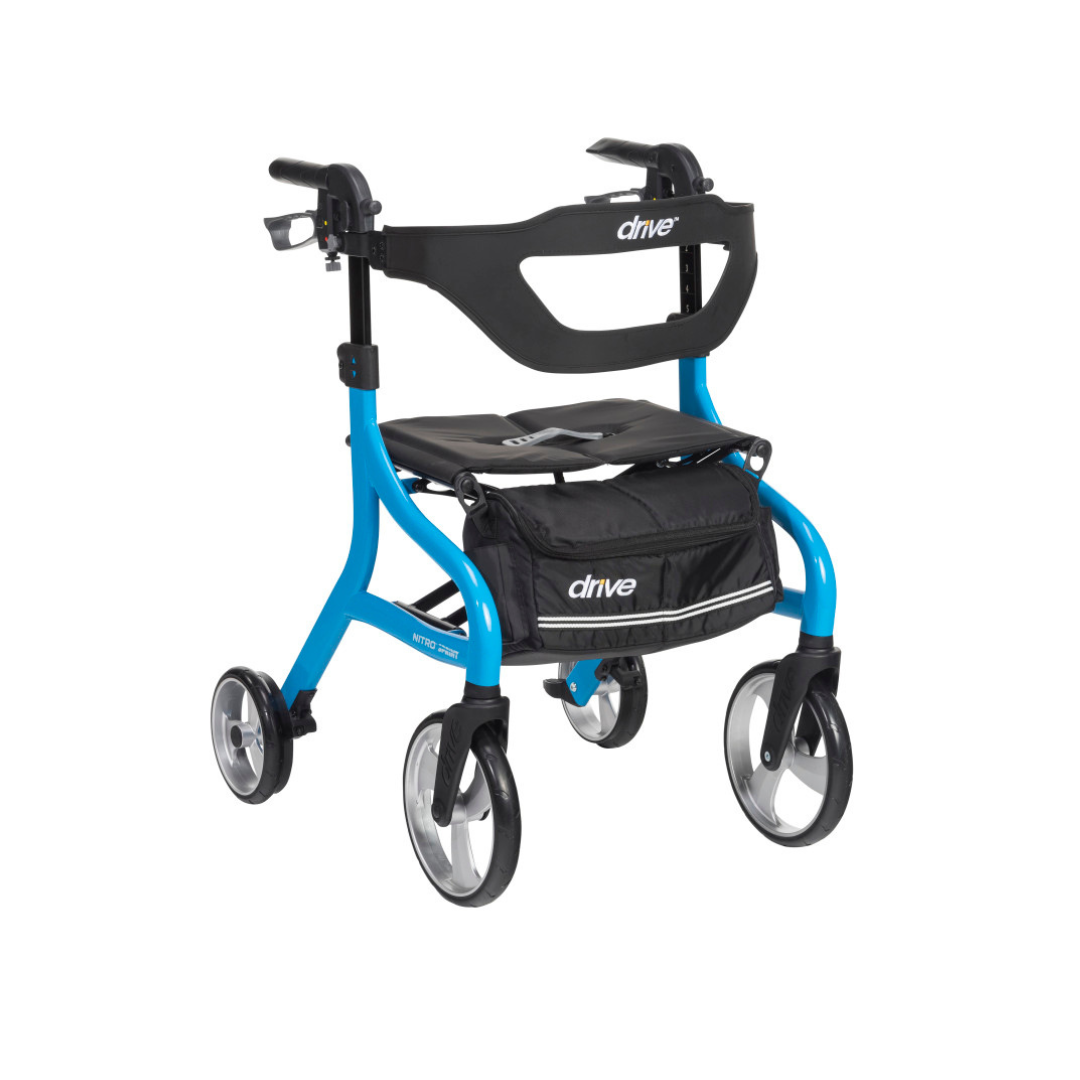 The Drive Nitro® Sprint Rollator with Accessory Bundle is a blue four-wheel rollator featuring a black seat, storage pouch, hand brakes, and sturdy foldable frame for mobility assistance—ideal for easy transport and storage.