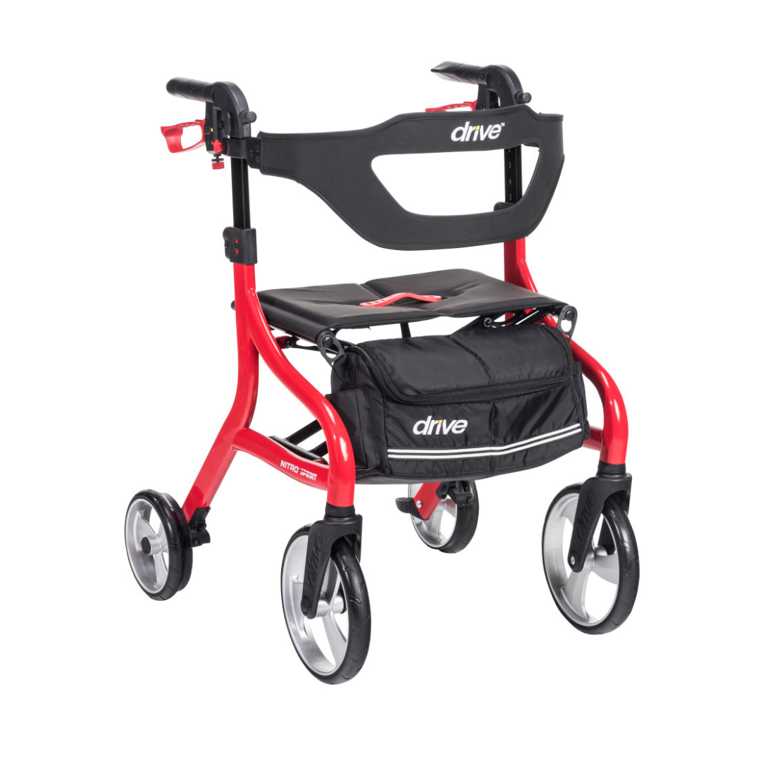 The Drive Nitro® Sprint Rollator with Accessory Bundle is a lightweight, foldable red and black walker featuring a seat, backrest, storage pouch, and handle brakes for mobility assistance—designed with quality inspired by Drive Medical Nitro models.