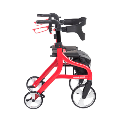 The Drive Nitro® Sprint Rollator with Accessory Bundle is a red, lightweight, foldable walker with four wheels, ergonomic handles, built-in seat, storage pouch underneath, and the brand name on its frame.
