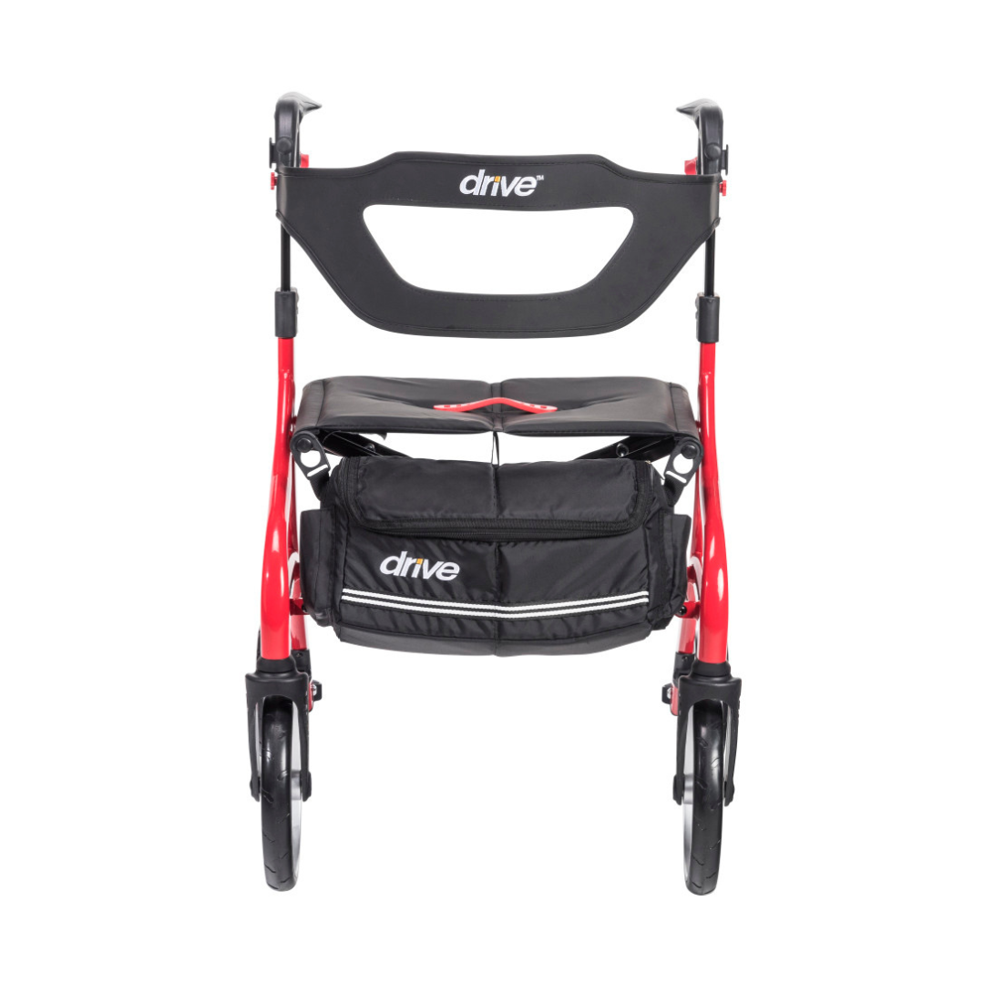 The Drive Nitro® Sprint Rollator with Accessory Bundle, shown from the front on a white background, features a red and black lightweight frame, four wheels, seat, backrest, labeled storage pouch, and is foldable for convenience.