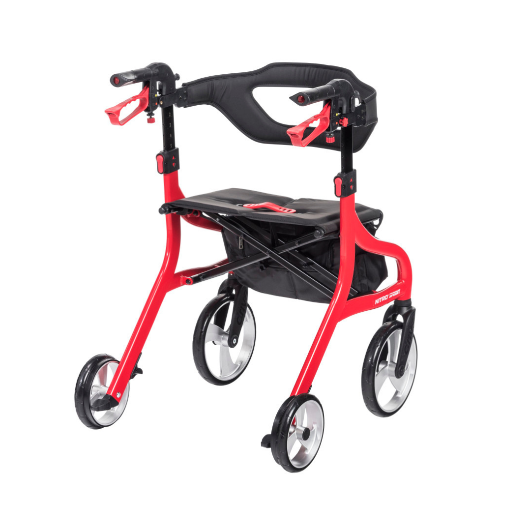 The Drive Nitro® Sprint Rollator with Accessory Bundle features four large wheels, a padded backrest, hand brakes, a black seat with storage pouch, and is lightweight and foldable for comfort and convenience.