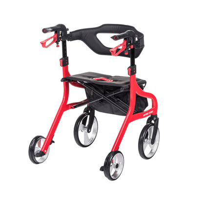 The Drive Nitro® Sprint Rollator with Accessory Bundle features four large wheels, a padded backrest, hand brakes, a black seat with storage pouch, and is lightweight and foldable for comfort and convenience.
