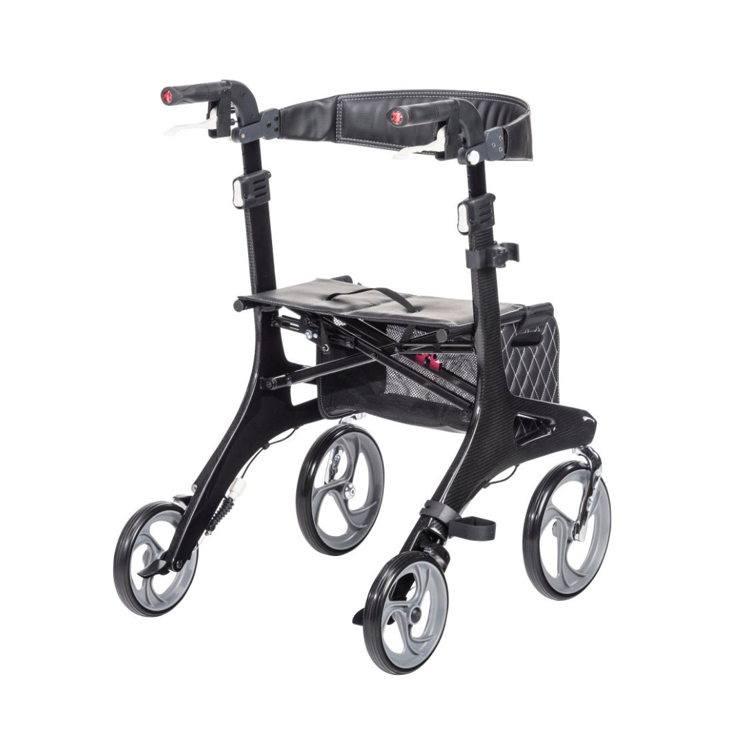 The Drive Nitro® Elite CF Carbon Fiber Rollator is a black, ultra-lightweight four-wheeled folding walker with a padded seat, storage pouch, and ergonomic handles for mobility support.