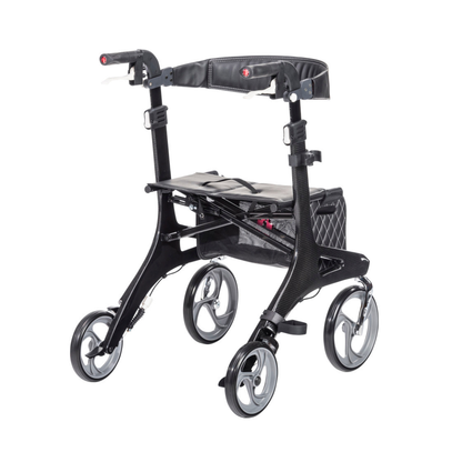 The Drive Nitro® Elite CF Carbon Fiber Rollator is a black, ultra-lightweight four-wheeled folding walker with a padded seat, storage pouch, and ergonomic handles for mobility support.
