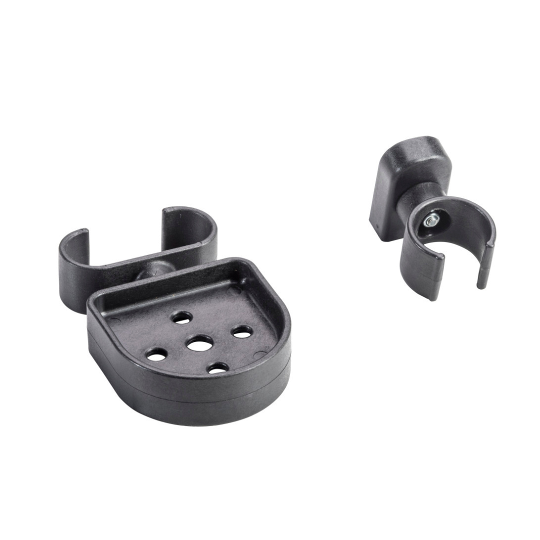 Set of two black plastic mounting brackets for the Drive Nitro® Sprint Rollator with Accessory Bundle: one large bracket with five holes and U-clip, and one small bracket with a single screw and matching U-clip.