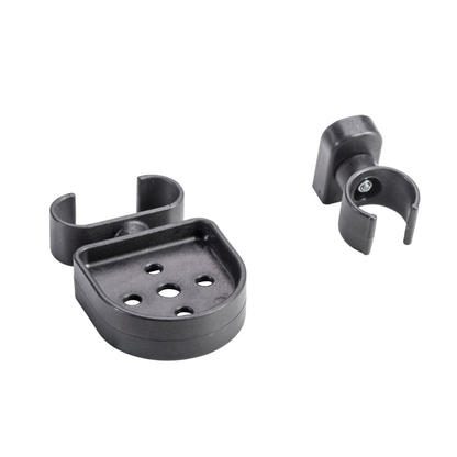 Set of two black plastic mounting brackets for the Drive Nitro® Sprint Rollator with Accessory Bundle: one large bracket with five holes and U-clip, and one small bracket with a single screw and matching U-clip.