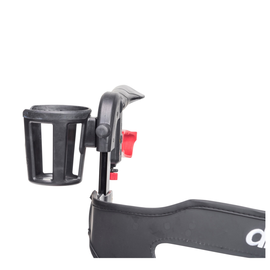 Close-up of a black cup holder with red adjustment knob attached to the Drive Nitro® Sprint Rollator with Accessory Bundle, shown against a white background.