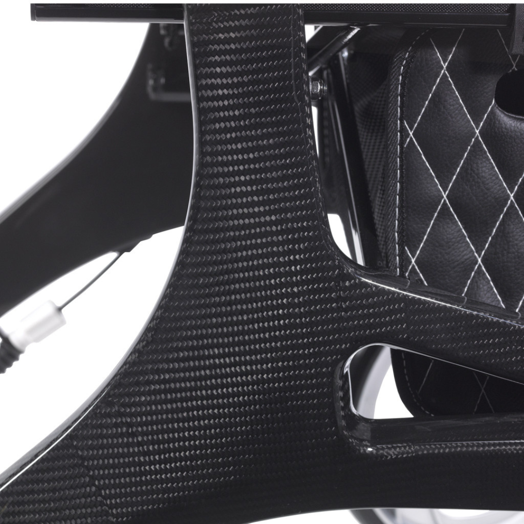 Close-up of Drive Nitro® Elite CF Carbon Fiber Rollator, showing its glossy black carbon fiber component with visible weave, quilted black leather with white stitching, and a metal cable.