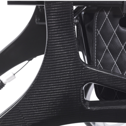Close-up of Drive Nitro® Elite CF Carbon Fiber Rollator, showing its glossy black carbon fiber component with visible weave, quilted black leather with white stitching, and a metal cable.