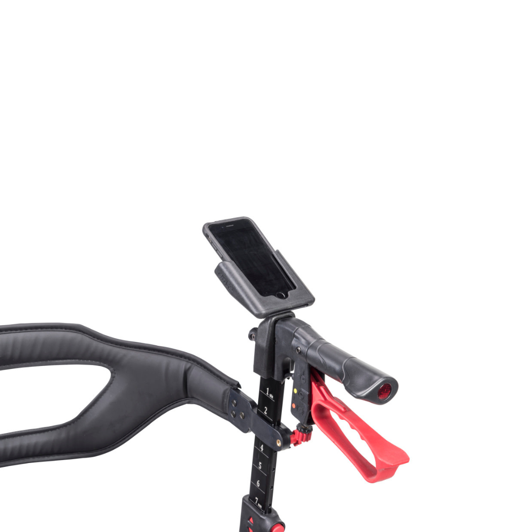 The Drive Nitro® Sprint Rollator with Accessory Bundle, shown isolated on a white background, features portable convenience and comfort, similar to a camera shoulder rig with an adjustable mount and cushioned support.