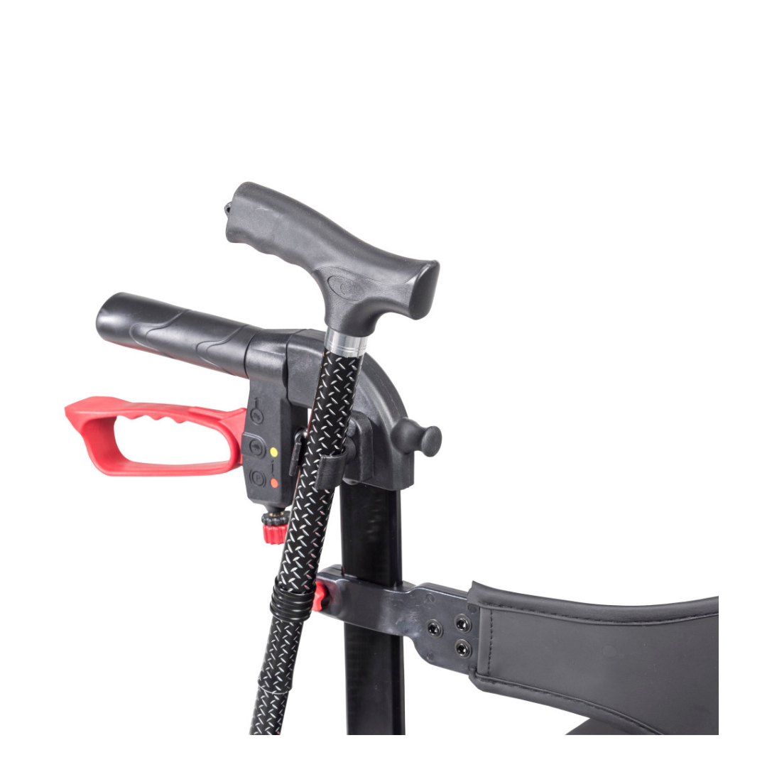 Close-up of the Drive Nitro® Sprint Rollator with Accessory Bundle handlebar featuring a black grip, red lever, and attached cable. The background is plain white.