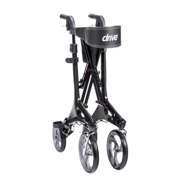 The Drive Nitro® Elite CF Carbon Fiber Rollator is a black, ultra-lightweight walker with large wheels and the Drive logo on the front strap, shown in a compact, upright position.