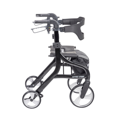 The Drive Nitro® Sprint Rollator with Accessory Bundle, shown in black from the side against a white background, features ergonomic handles, a foldable frame, seat, and storage pouch under the seat.