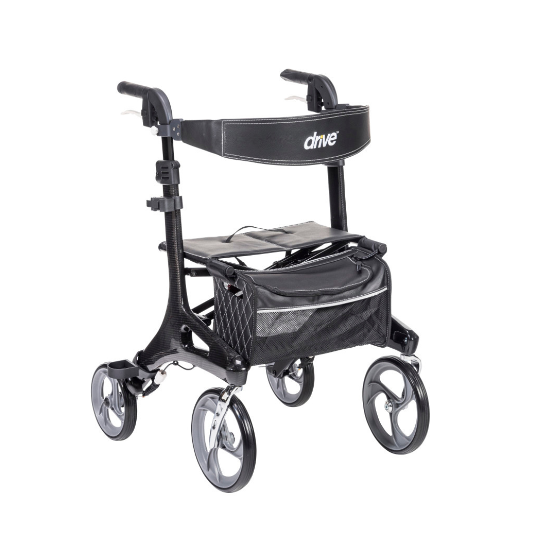 The Drive Nitro® Elite CF Carbon Fiber Rollator is a black, ultra-lightweight rollator with four wheels, a seat, backrest with the Drive logo, storage pouch, and hand brakes for excellent mobility assistance.