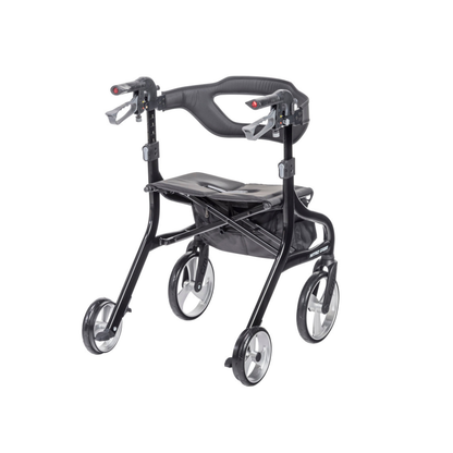 The Drive Nitro® Sprint Rollator with Accessory Bundle is a black, lightweight, foldable walker with four large wheels, hand brakes, padded seat, storage bag, and a curved backrest for comfort.