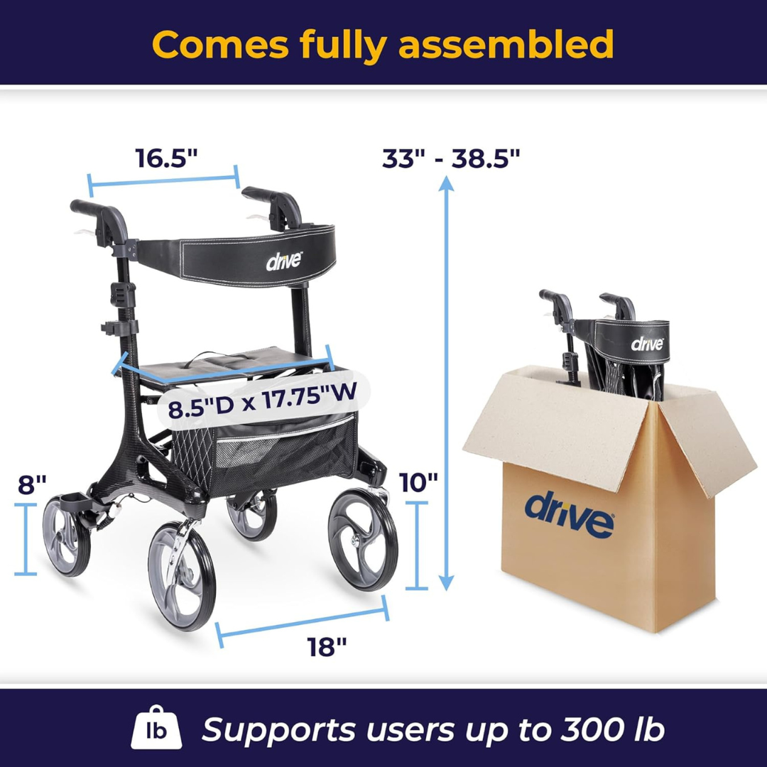 The Drive Nitro® Elite CF Carbon Fiber Rollator, shown in black, features a lightweight frame, seat with storage pouch, adjustable height (33–38.5"), 16.5"W x 18"L frame, 8.5"D x 17.75"W seat, 8–10" wheels, supports up to 300 lb, and comes assembled in a box.