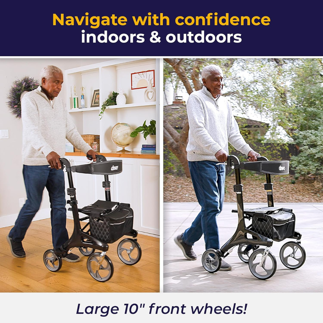 Split image: On the left, an older man uses the Drive Nitro® Elite CF Carbon Fiber Rollator indoors on a wooden floor; on the right, he uses it outdoors. Bold text highlights confident navigation with large 10" front wheels.