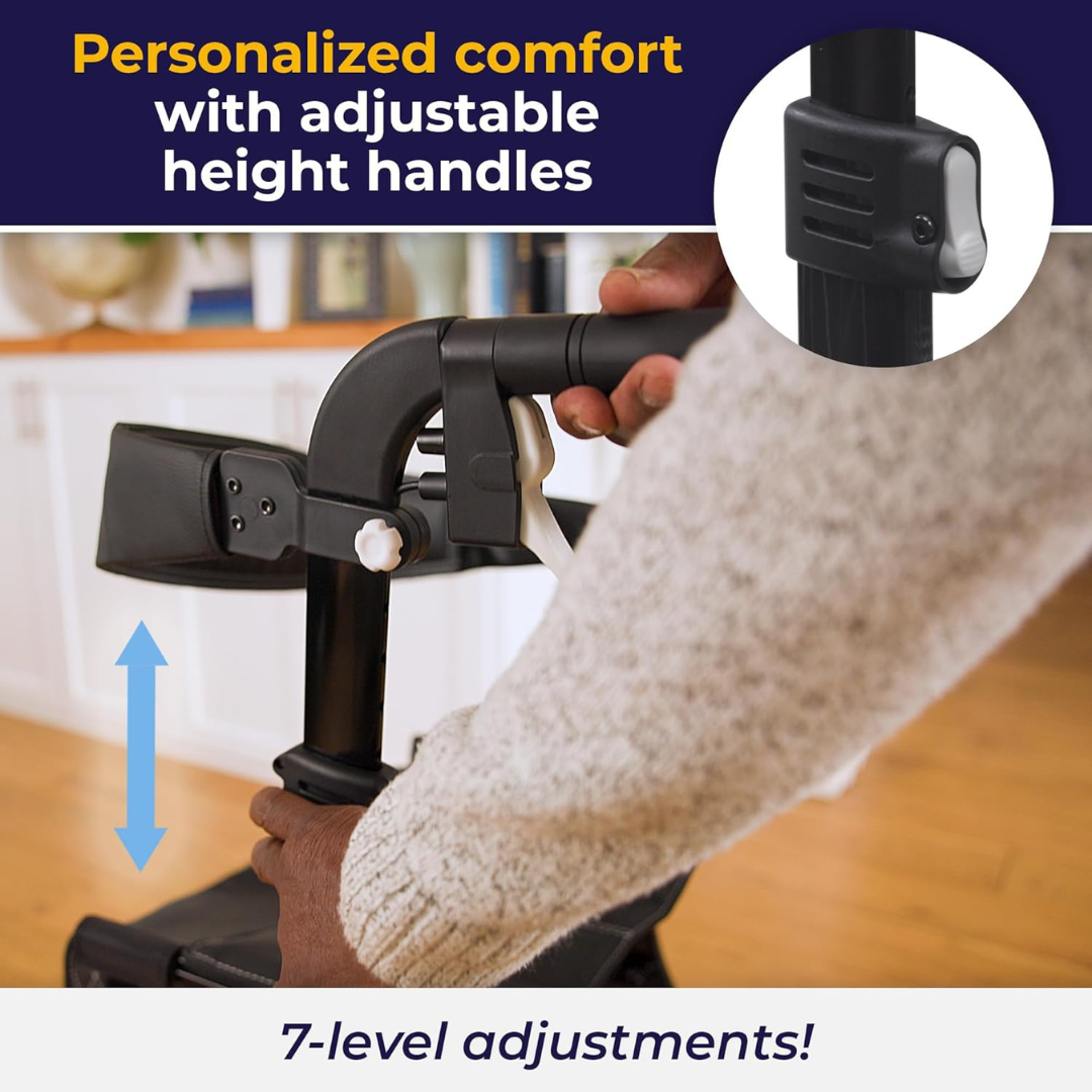 A person adjusts the height of the Drive Nitro® Elite CF Carbon Fiber Rollator’s handlebar, showcasing its adjustable handles with 7 height settings for personalized comfort.