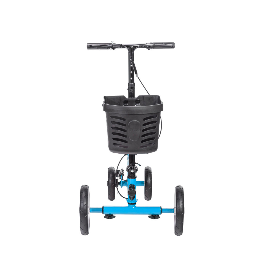 Front view of the Drive Folding Nitro® Glide Knee Walker in blue with four black wheels, a black basket on the handlebar, and hand brakes—an excellent crutches alternative.