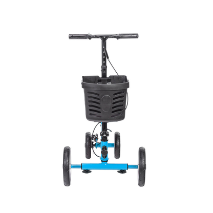 Front view of the Drive Folding Nitro® Glide Knee Walker in blue with four black wheels, a black basket on the handlebar, and hand brakes—an excellent crutches alternative.