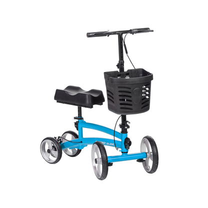 The Drive Folding Nitro® Glide Knee Walker, featuring four wheels, a padded black knee rest, handlebars, and a front basket, is a comfortable crutch alternative for those needing mobility assistance.