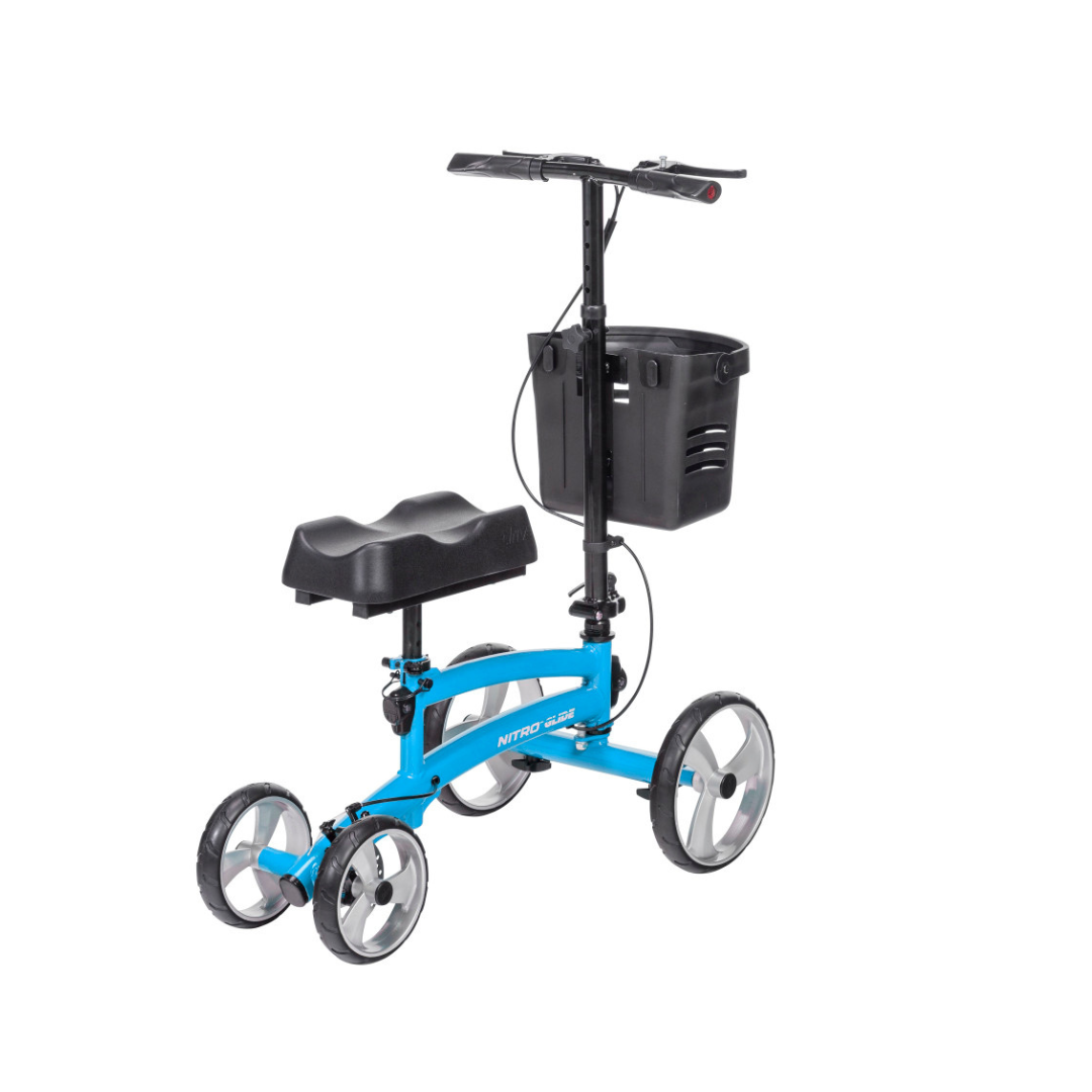 The Drive Folding Nitro® Glide Knee Walker features four wheels, a black cushioned knee rest, handlebar with brakes, and a front basket—an ideal crutches alternative for comfortable mobility.