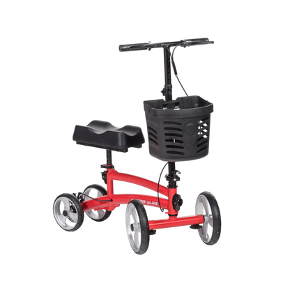 The Drive Folding Nitro® Glide Knee Walker is a red mobility aid with four large wheels, handlebars, a black cushioned knee rest, and a front basket—an ideal crutches alternative for those with leg injuries.