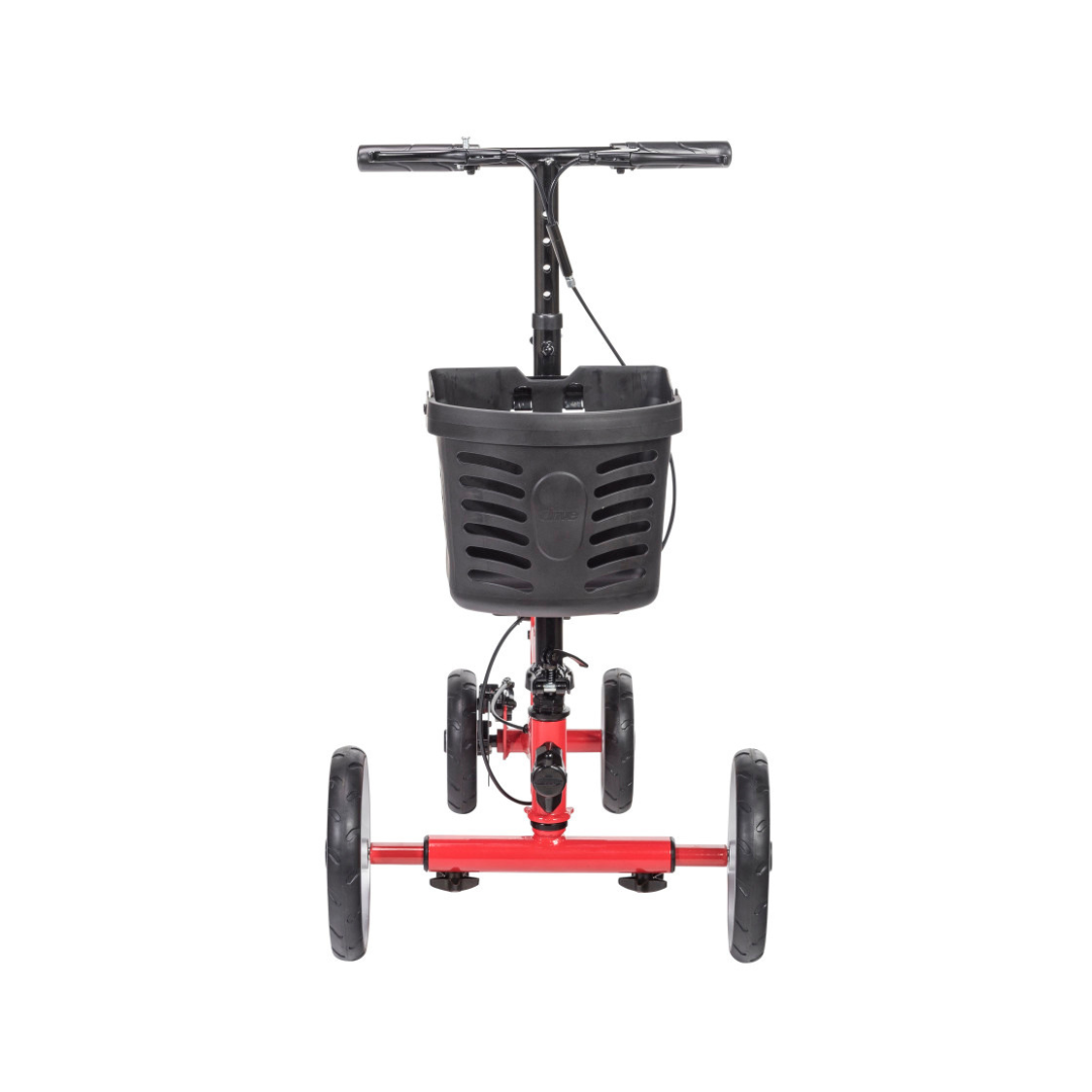 The Drive Folding Nitro® Glide Knee Walker, shown from the front on a white background, features a red frame, four black wheels, a black handlebar, and a front-mounted black plastic basket as a convenient alternative to crutches.