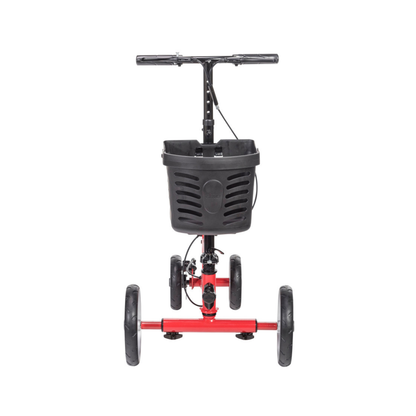 The Drive Folding Nitro® Glide Knee Walker, shown from the front on a white background, features a red frame, four black wheels, a black handlebar, and a front-mounted black plastic basket as a convenient alternative to crutches.