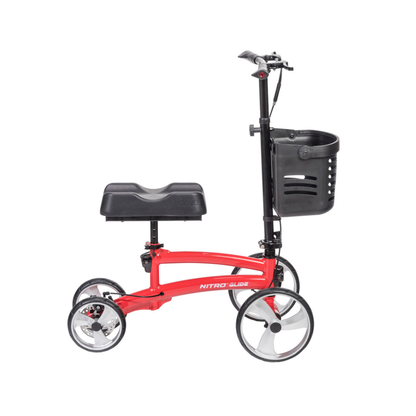 The Drive Folding Nitro® Glide Knee Walker features four wheels, a black seat, handlebars, and a front basket. It’s a red mobility aid designed as an alternative to crutches for individuals recovering from leg injuries.