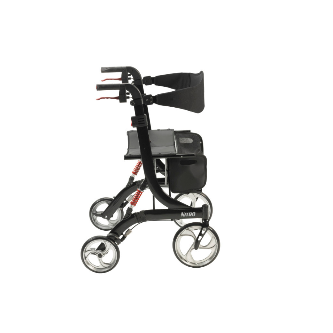 The Drive Nitro HD Bariatric Rollator with Suspension, shown in black and silver, features large wheels, a padded seat and backrest, and appears lightweight in a side profile view against a white background.