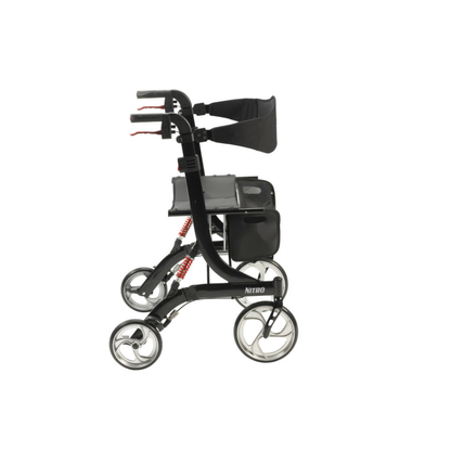 The Drive Nitro HD Bariatric Rollator with Suspension, shown in black and silver, features large wheels, a padded seat and backrest, and appears lightweight in a side profile view against a white background.