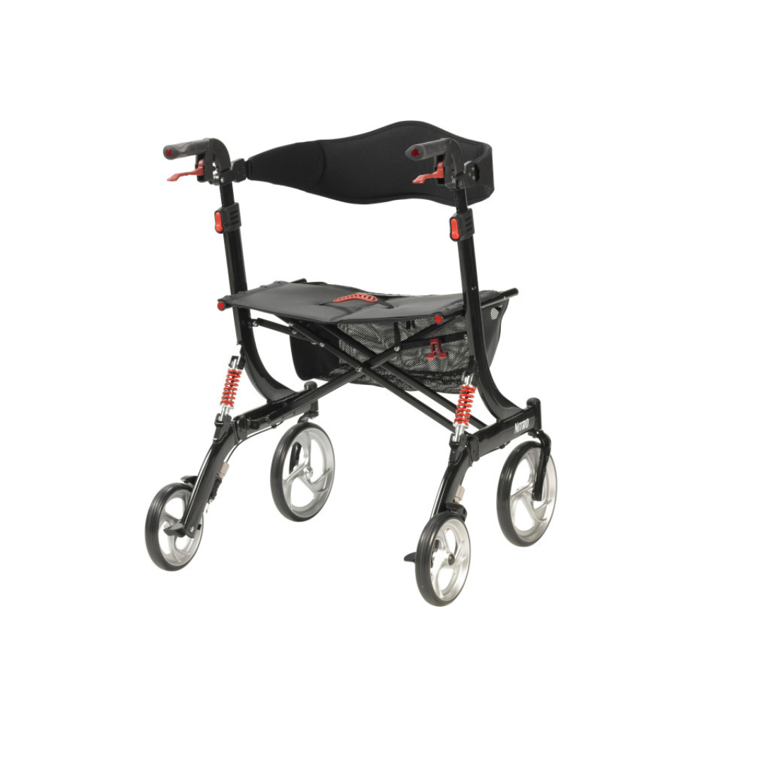 The Drive Nitro HD Bariatric Rollator with Suspension is a black folding walker featuring four wheels, a padded seat, backrest, and hand brakes for mobility support, plus suspension for comfort and easy storage or transport.