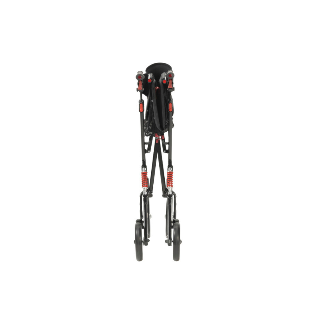 The Drive Nitro HD Bariatric Rollator with Suspension, a folded black rollator stroller featuring red accents and two front wheels, stands upright against a white background.