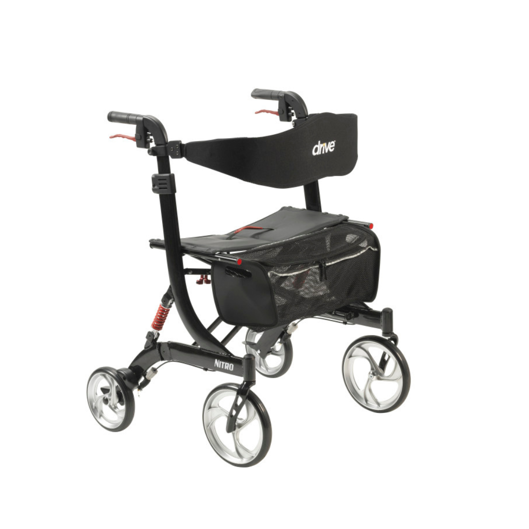 The Drive Nitro HD Bariatric Rollator with Suspension is a black, Euro-style walker with four wheels, padded seat, mesh pouch, hand brakes, and curved backrest. Lightweight and designed for comfort and easy maneuverability.