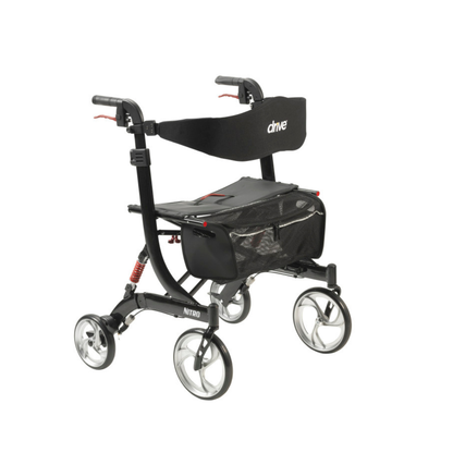 The Drive Nitro HD Bariatric Rollator with Suspension is a black, Euro-style walker with four wheels, padded seat, mesh pouch, hand brakes, and curved backrest. Lightweight and designed for comfort and easy maneuverability.