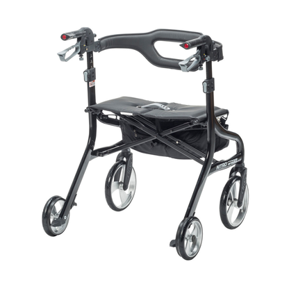 The Drive Nitro® Sprint HD Bariatric Lightweight Rollator is a black, four-wheeled walker with a padded seat, under-seat storage pouch, ergonomic handles with hand brakes, and features the NITRO logo on the frame.