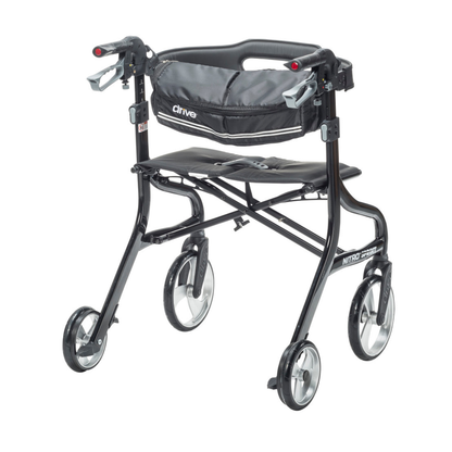 The Drive Nitro® Sprint HD Bariatric Lightweight Rollator is a black, heavy-duty rollator with four wheels, large front wheels for easy all-terrain maneuverability, padded seat, curved backrest, hand brakes, and a storage pouch under the seat.