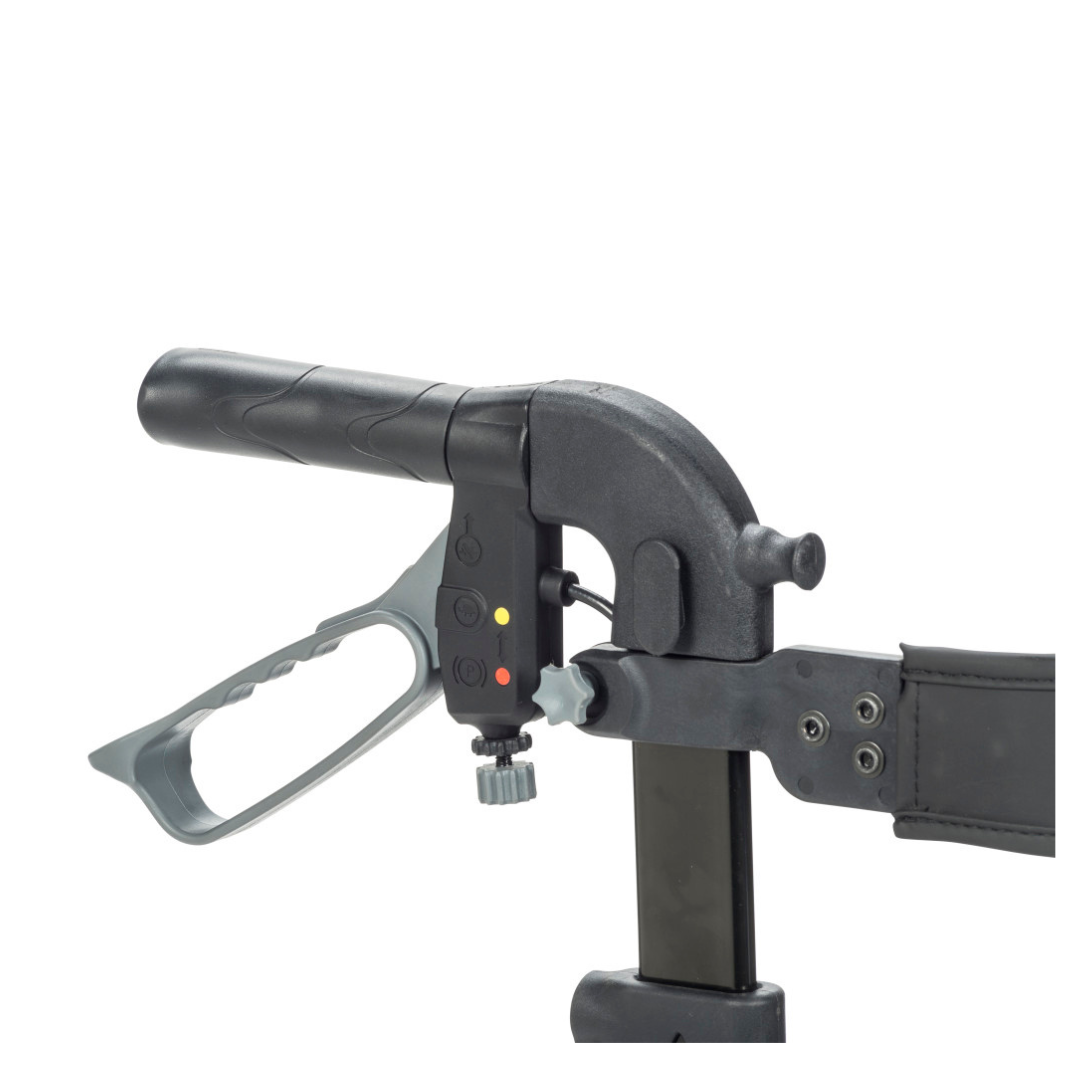 Close-up of the Drive Nitro® Sprint HD Bariatric Lightweight Rollator handlebar in black and gray, featuring control buttons, indicator lights, and a handbrake lever against a white background.
