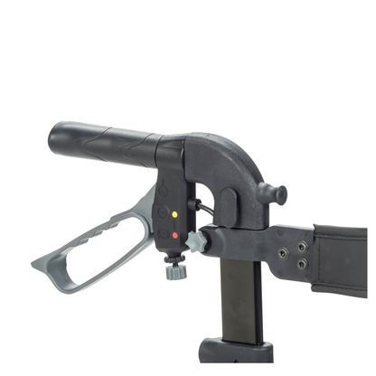 Close-up of the Drive Nitro® Sprint HD Bariatric Lightweight Rollator handlebar in black and gray, featuring control buttons, indicator lights, and a handbrake lever against a white background.