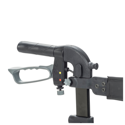 Close-up of the Drive Nitro® Sprint HD Bariatric Lightweight Rollator handle, featuring an ergonomic grip, control buttons, indicator lights, and adjustable support bar attached to its padded black and gray frame against a white background.