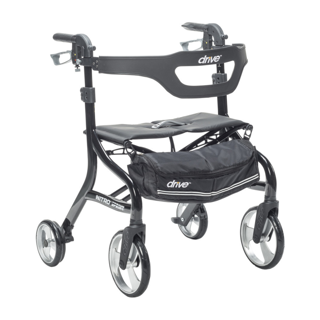The Drive Nitro® Sprint HD Bariatric Lightweight Rollator is a black heavy-duty walker featuring a padded seat, storage pouch, hand brakes on the handles, and visible Drive branding on the frame and bag.