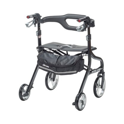 The Drive Nitro® Sprint HD Bariatric Lightweight Rollator is a black, heavy-duty 4-wheel walker with a padded seat, hand brakes, and an under-seat storage pouch. Its lightweight frame and large front wheels provide easy maneuverability on different terrains.