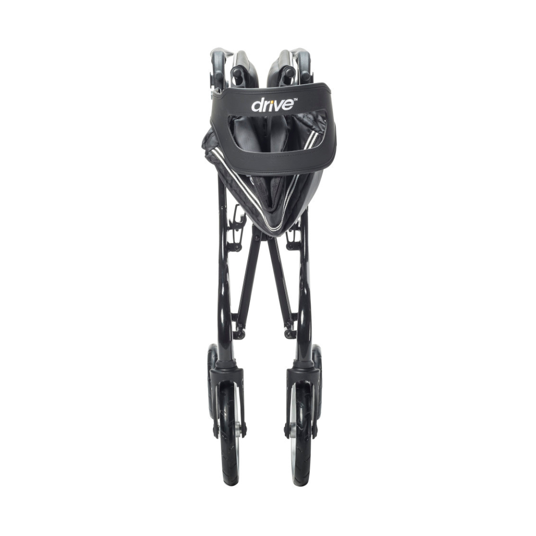 A front view of the Drive Nitro® Sprint HD Bariatric Lightweight Rollator in black, folded compactly with four wheels for easy transport or storage.